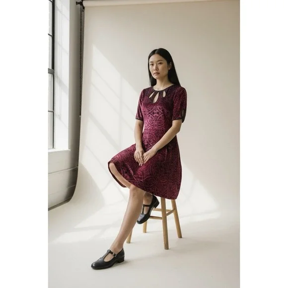 Modcloth Rockabilly Cherry Red Swing Dress Stretch Velvet 40s 50s Vibe Small - Picture 3 of 12